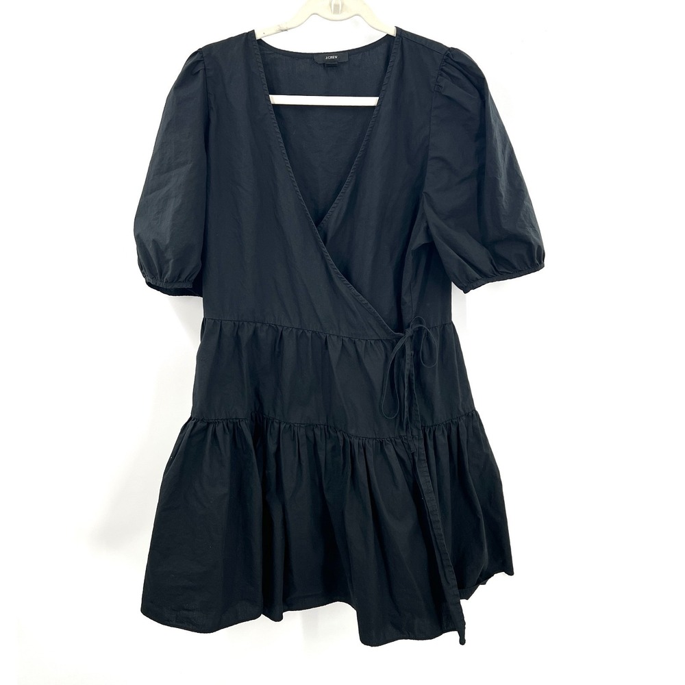 J. Crew Puff-sleeve cotton poplin wrap dress black tiered a-line preppy casual L